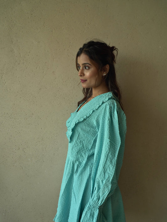 French Blue – Playful Mini Dress in Poly Seersucker