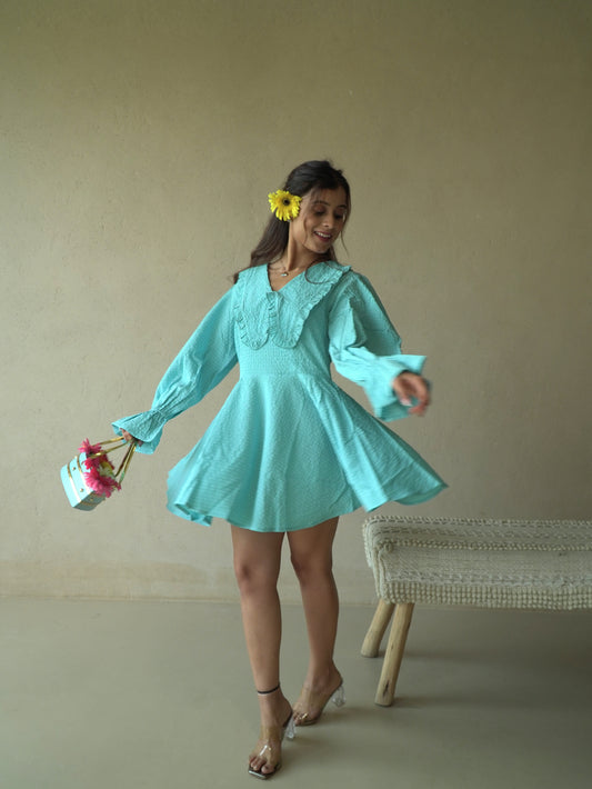 French Blue – Playful Mini Dress in Poly Seersucker